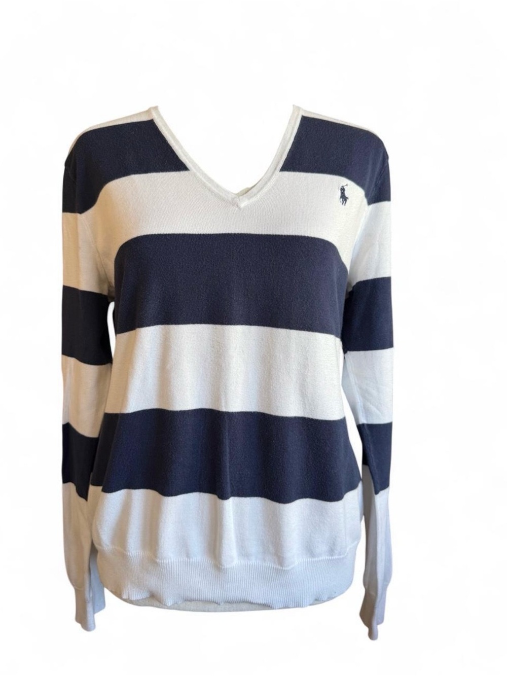 Ralph Lauren Striped Sweater Womens XL Navy Blue White Pima Cotton Preppy